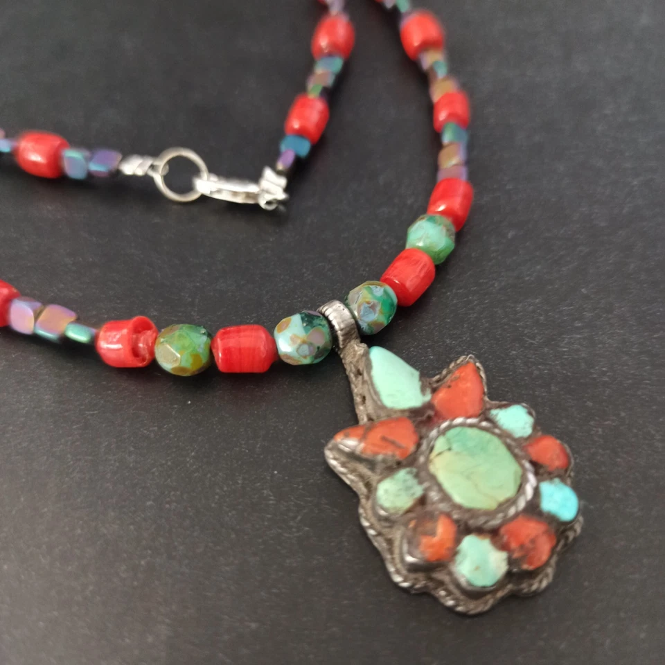 Богемский мужчин унисекс ожерелье старый винтажный Серебряный этнический кулон камень стеклянная бусина Мала - Изображение 1 из 4