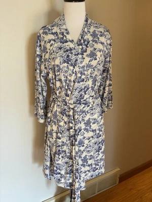 Laura Ashley Bathrobe Women's Size M Lightweight White/Blue Floral Belted - Image 1 of 4