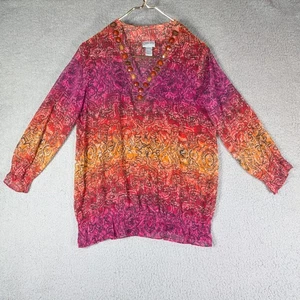 Chicos Blouse Womens Chicos Size 0 Small Orange Paisley Blouse Beaded Collar - Picture 1 of 7