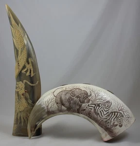 Handgeschnitztes Horn mit Drache & Scrimshaw Horn Afrikanische Wildtiere Bastelbedarf - Bild 1 von 10