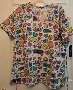 NWT Zikit Womens Medical Scrub Top Smiley Faces Hearts Words Girl Power Sz. 2X - Picture 1 of 9