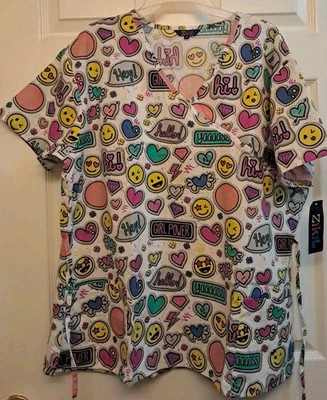 NWT Zikit Womens Medical Scrub Top  Smiley Faces Hearts Words Girl Power Sz. 2X - Image 1 of 4