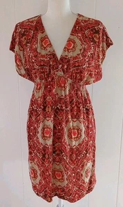 Y2K Babydoll Dress VNeck Orange Red Brown Hippie Festival Short Sleeve Juniors L - Picture 1 of 8