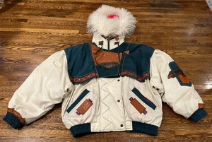 Neiman Marcus Jacke Herren S 80er Jahre bunt Lederbesatz Fell Bomber Gänsedaunen RAR - Bild 1 von 19