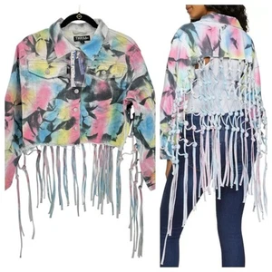 NEW Thrill Jeans Denim Jacket M Cropped Tie Dye Knotted Fringe Distressed - Picture 1 of 10