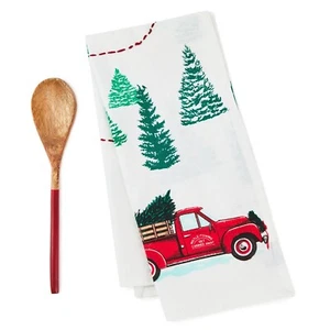 Hallmark Red Truck Christmas Tea Towel and Wooden Spoon Set NWT - Picture 1 of 4