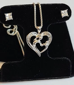 Vintage 925 Sterling CZ Herz Mutter Kind Halskette Kette + Ohrringe/kostenloser Versand USA - Bild 1 von 7