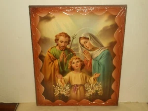 The Holy Family Baby Jesus, Joseph, Virgin Mary Color Picture on Painted Board - Picture 1 of 12