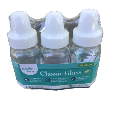 Paquete de 3 biberones sellados Evenflo de vidrio real torcidos de 4 oz sin BPA estándar transparente Foto 1 de 4