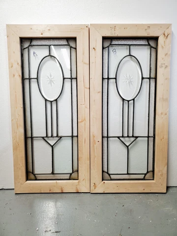 ANTIQUE BEVELED GLASS WINDOW  ARCHITECTURAL SALVAGE PAIR Cover