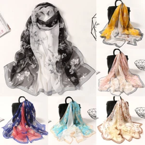 Women Silk Chiffon Flowers Printed Scarf Shawl Long Soft lady Wrap Scarves Thin - Picture 1 of 34