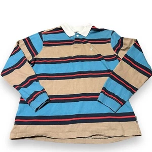 Volcom Men's Small Teal Navy Brown Striped Long Sleeve Polo T-Shirt Y2K Skater - Picture 1 of 7