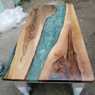 Gray Resin River Countertop Dining Table Top handmade Wood Indoor Outdoor Decor - Image 1 of 3