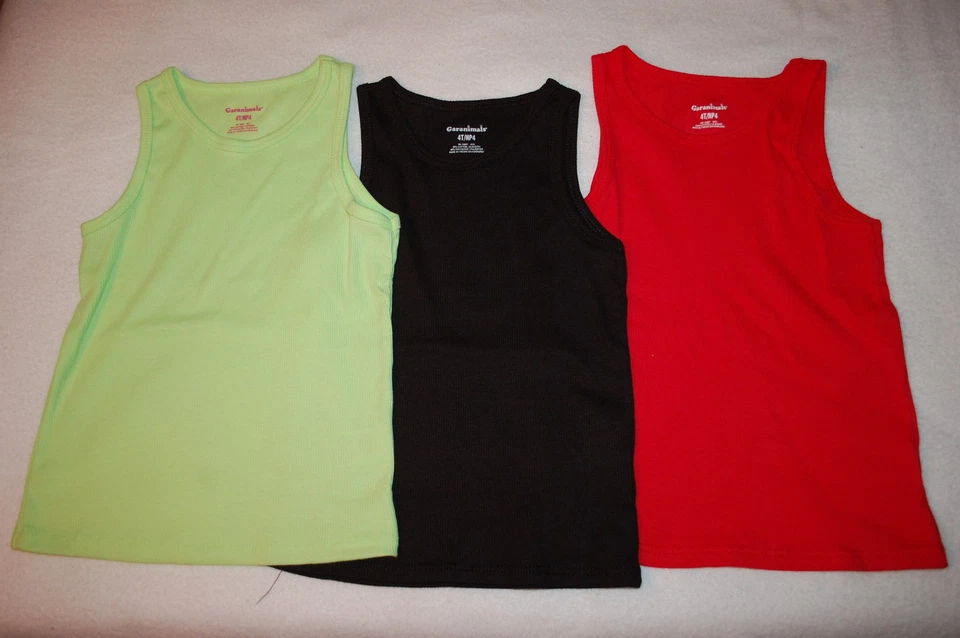 LOTE DE 3 TOPS SIN MANGAS ACANALADAS para niñas pequeñas colores lisos VERDE LIMA, NEGRO, ROJO talla 4T Foto 1 de 1