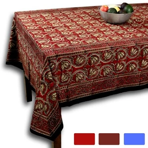Cotton Block Print Floral Tablecloth Rectangle Dabu Blue Brown Red Dining Linen - Picture 1 of 14