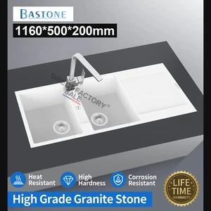 White Granite Stone Double Kitchen Sink Drainboard Overflow Pre-drilled Tap Hole - Picture 1 of 3