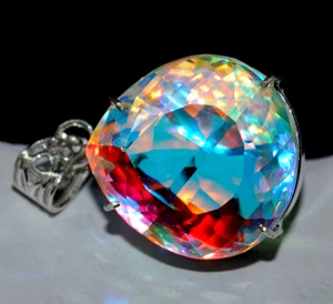 Certified 85 Ct+Natural Mystic 925 Solid Silver PearCut Rainbow Pendant Gemstone - Picture 1 of 6