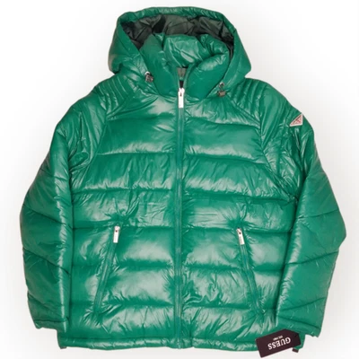 Abrigo Guess Puffer Con Capucha Talla Grande Verde Kelly Divertido Colorido Brillo Nylon NUEVO Foto 1 de 4