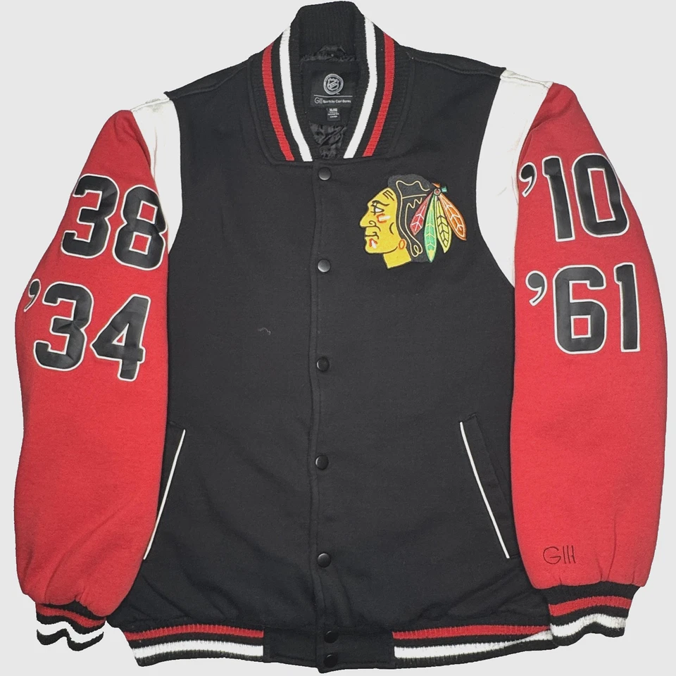 Chicago Blackhawks Jacket Mens XL Black Red NHL Hockey Varsity 4-Time Champions - Image 1 of 4