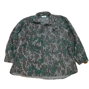 Vintage 90s Mossy Oak Green Leaf Camo Button Down Shirt Mens Large Wool Like USA - Picture 1 of 8