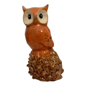Ceramic Owl Figurine Perched Sitting On Pinecone Fall Harvest Orange Big Eyes 8"