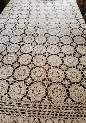 NEW Cotton Ecru Beige Crocheted Twin Coverlet  Tablecloth Handmade 65.5 W 80.5 L - Image 1 of 4
