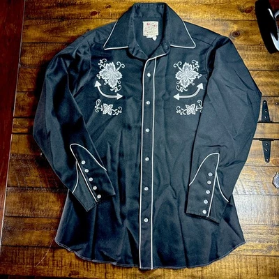 Vintage H Bar C Black Western Pearl Snap Ranchwear Cowboy Embroidered  Shirt  M - Image 1 of 4