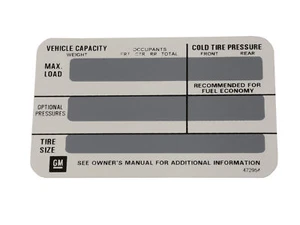 Calcomanía de presión de neumáticos Corvette 1978-1982 en la parte posterior de la puerta izquierda - Imagen 1 de 1