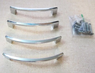 Sets 4 VINTAGE MID-CENTURY Brass CURVED ARCHED CABINET PULLS, CHROME, 3-1/2" c-c - Image 1 of 4