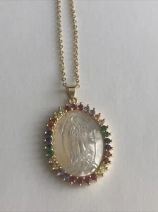 Vergoldete Virgen de Guadalupe Halskette Anhänger Jungfrau Maria 18" Kette bunt - Bild 1 von 3