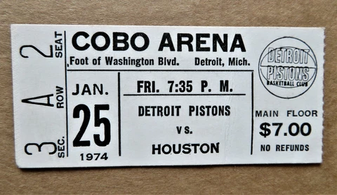 Detroit Pistons vs Houston Rockets Ticket stub Jan 25, 1974 - COBO Arena ! Cover