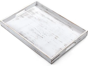 17 Inch Rustic White Serving Tray with Handles - Large Wooden Tray for Ottoman, - Picture 1 of 7