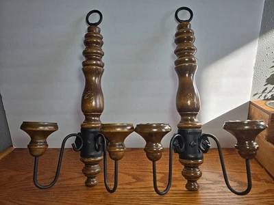 Pair Of Vintage Retro Wall Sconce Hanging Candle Holder Wood & Metal Boho 17.5in - Image 1 of 4