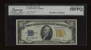 DBR 1934-A $10 North Africa Silver Fr. 2309 Legacy 58 PPQ Serial A97421887A - Picture 1 of 2