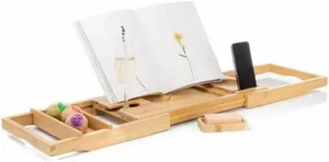 Bamboo Wooden Bath Caddy Tray, Extendable Bathtub Shelf Wine Glass Holder, Book - Picture 1 of 4