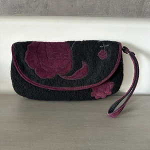 Bolso Muñequera Lucky Brand Negro Granate Terciopelo Apliques Floral Bordado - Imagen 1 de 9