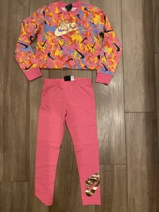 Nike Girls Size Youth, Large 2 Piece Cropped Sweatshirt Leggings Bright Pink - Picture 1 of 1