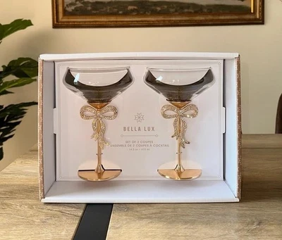 Set Of 2 Bella Lux Rhinestone GOLD Bow  Coupes/Cocktail Glasses New In Box! - Image 1 of 4