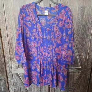 Blusa Blair Para Mujer Talla 3XL Azul Paisley Abotonada Transparente Pintucked Túnica Top - Imagen 1 de 7