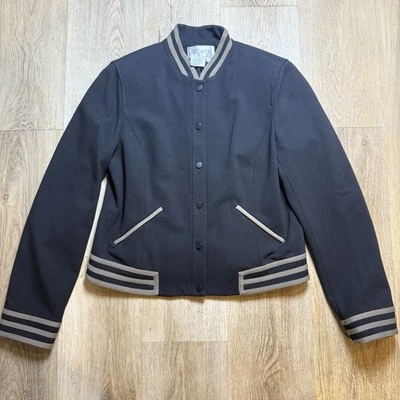 Chaqueta Worth Negra con Borde Marrón Tostado Botones Talla 10 Bolsillos Vestido Estilo Bombardero Foto 1 de 4