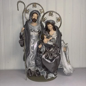 Stoffmaché 15 Zoll Heilige Familie Krippe, Josef Maria Jesuskind, Silber - Bild 1 von 8