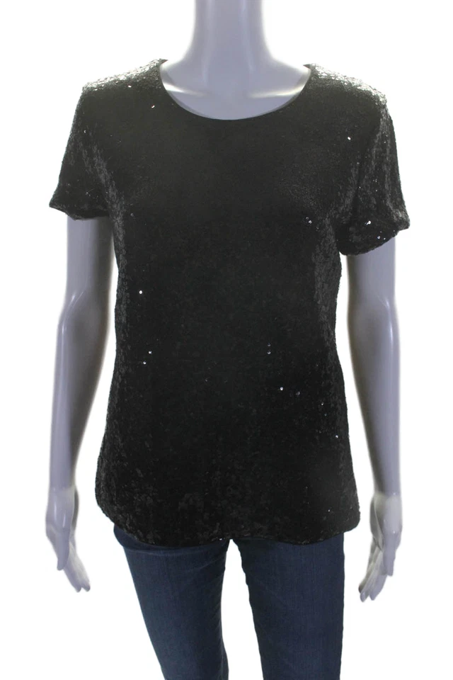 Blusa Top Bailey 44 Mujer Negra Lentejuelas Cremallera Espalda Cuello Redondo Manga Corta Talla L Foto 1 de 4
