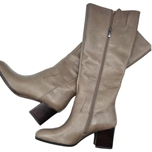 Franco Sarto Womens Sz 6.5 Knee High Taupe Leather Boots Block Heels - Picture 1 of 7