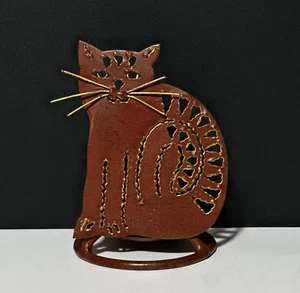 Rustic Cat Metal Art Tea Light Candle Holder Dark Orange With Gold Whiskers - Picture 1 of 8