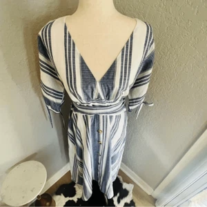 June & Hudson Tie Sleeve Striped Midi Dress, Blue/White, Size XL, NWOT - Picture 1 of 13