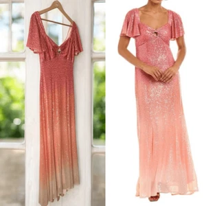 Theia Couture $749 Ombre Sequin Flutter Sleeve Maxi Evening Gown NWT - Picture 1 of 15