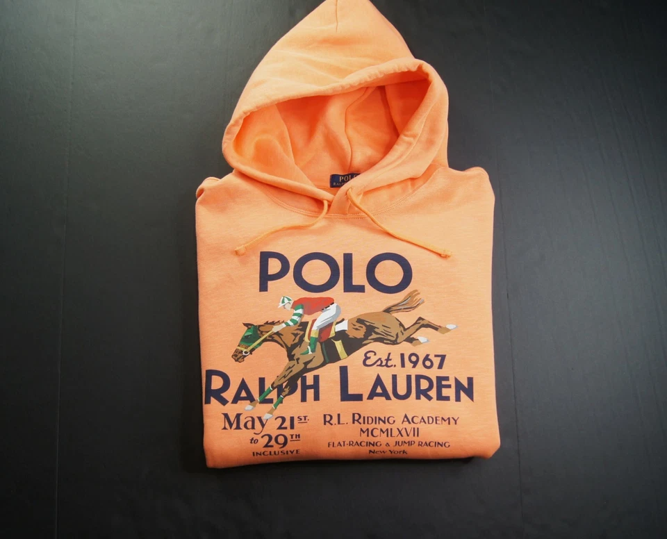 Polo Ralph Lauren Men's Orange Riding Academy Graphic Fleece Hoodie Sz M