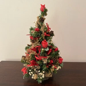 Small Tabletop Christmas Tree, Decorated w/ Red Flowers, Ribbons, Pine Cones - Picture 1 of 6