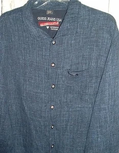 Vtg Shirt GUESS JEANS USA All American Style Mens Linen Blend Blue Button Up L - Picture 1 of 3