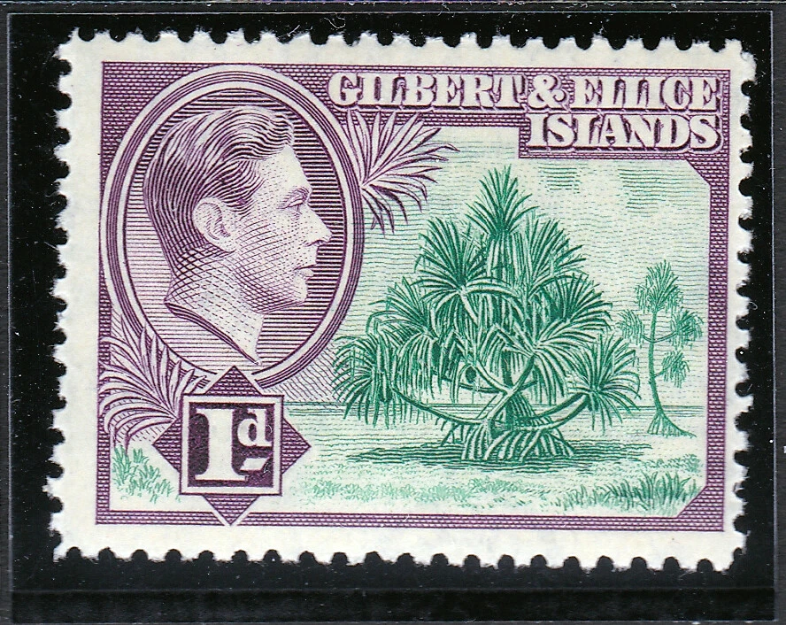 Árbol Pandanus verde-violeta Gilbert and Ellice Islands 1939 1d KGVI SC-41 MNH OG Foto 1 de 1